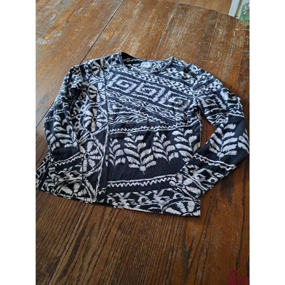 Small Size 4 Chicos 0 Black Off White Long Sleeve Cotton Pullover Shirt